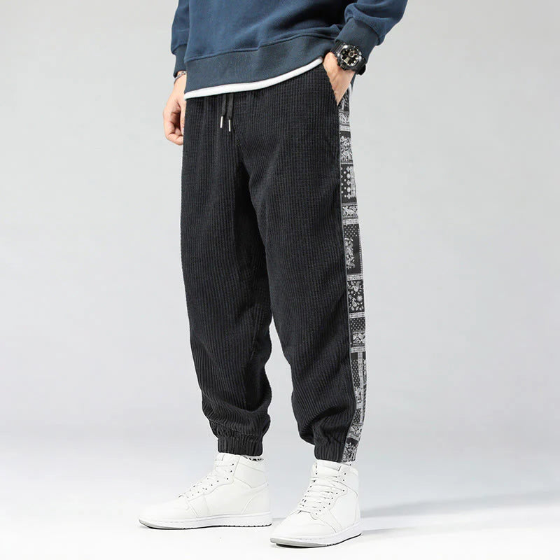 Buddha Stones Fall Solid Drawstring Side Paisley Pattern Straight Leg Ankle-length Corduroy Men's Pants With Pockets