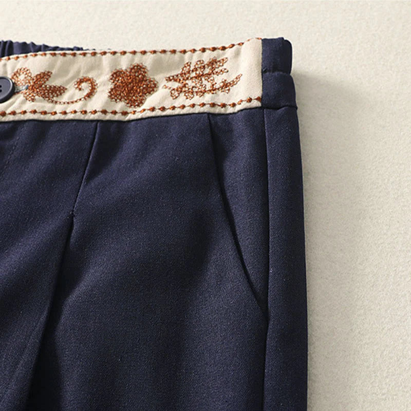 Buddha Stones Women's Embroidery Elastic Waistband Zipper Design Cotton Wide Leg Pants With Pockets