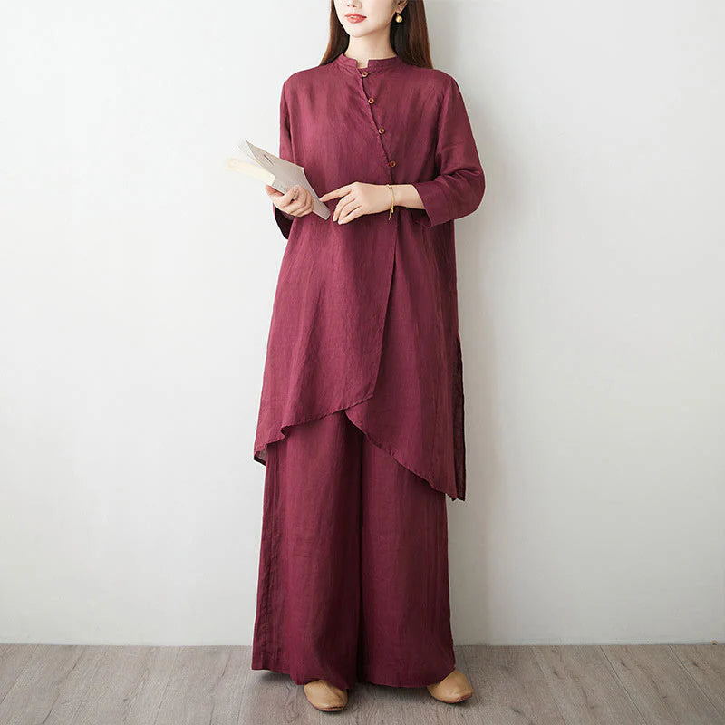 Buddha Stones Casual 2pcs Plain Three Quarter Sleeve Slanted Collar Shirt Top Wide Leg Pants With Pockets Meditation Zen Tai Chi Clothing Women's Set