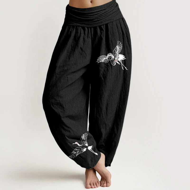 Buddha Stones Flying Red-crowned Cranes Pattern Women's Elastic Waist Harem Cotton Pants
