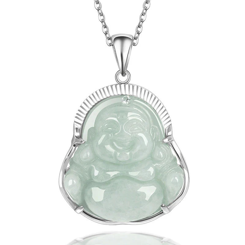 Buddha Stones Laughing Buddha Jade Luck Calm Titanium Steel Chain Necklace Pendant