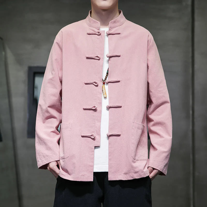 Buddha Stones Simple Frog-Button Chinese Tang Suit Cotton Men Jacket Shirt With Pockets