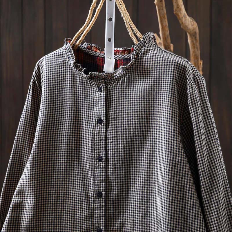 Buddha Stones Fall Tiny Plaid Button Down Ruffle Collar Long Sleeve Women's Cotton Shirt