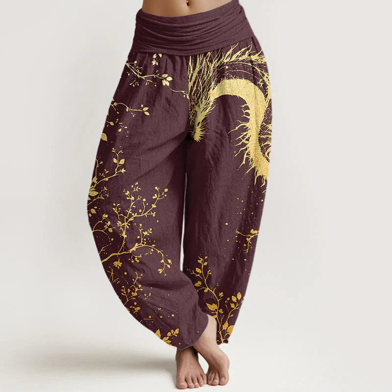 Buddha Stones Cotton Casual Dragon Flower Leaf Pattern Women's Elastic Waist Harem Pants