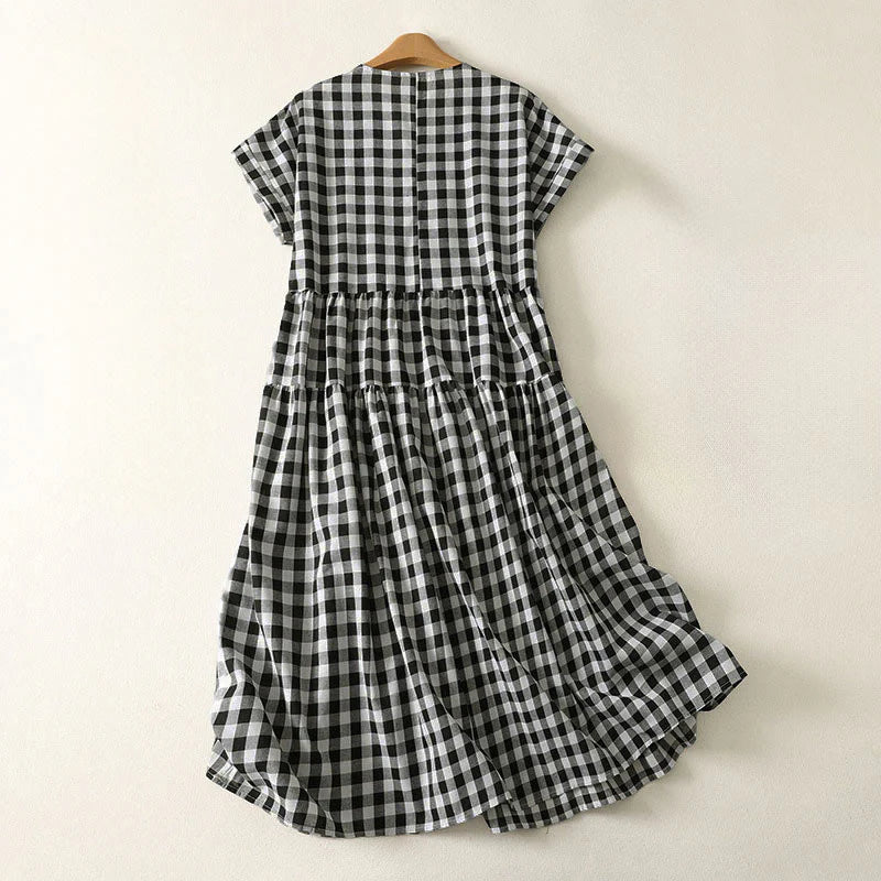 Buddha Stones Casual V-neck Short Sleeve Cotton Plaid Summer Midi Dress