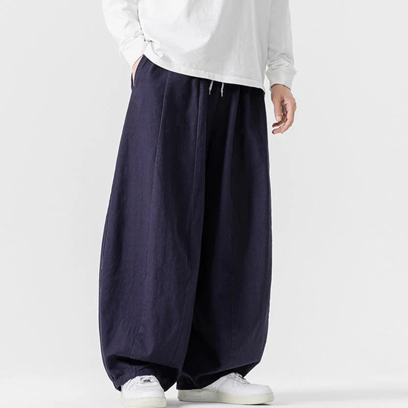 Buddha Stones Fall Solid Color Cotton Elastic Waist Men's Harem Pants With Pockets