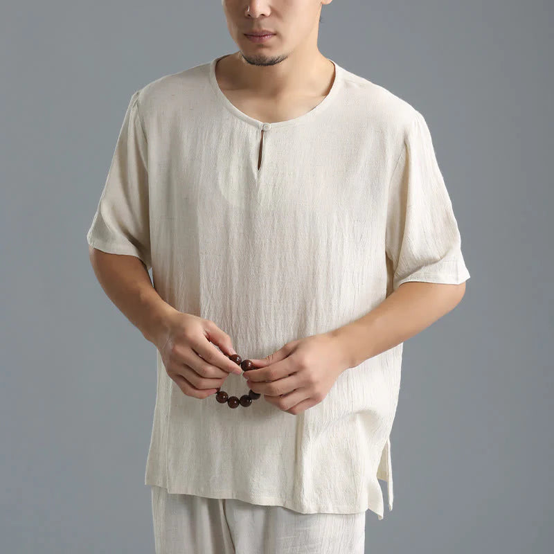 Buddha Stones Men's Solid Color Round Neck Short Sleeve CottonÂ Linen Shirt