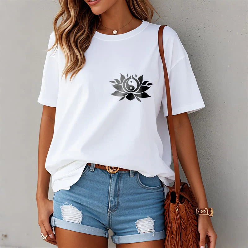 Buddha Stones Yin Yang Lotus Flower Design Tee T-shirt