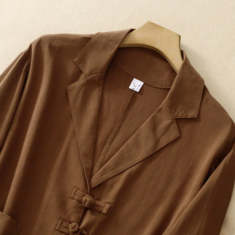 Buddha Stones Women's Cotton Linen Frog-Button Long Sleeve Jacket With Pockets