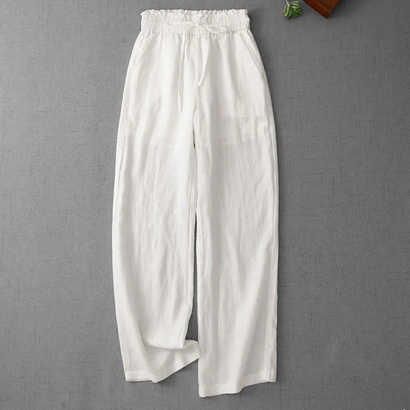 Buddha Stones Casual High Waist Ruffled Drawstring Design Women's Wide Leg Cotton Pants With Pockets