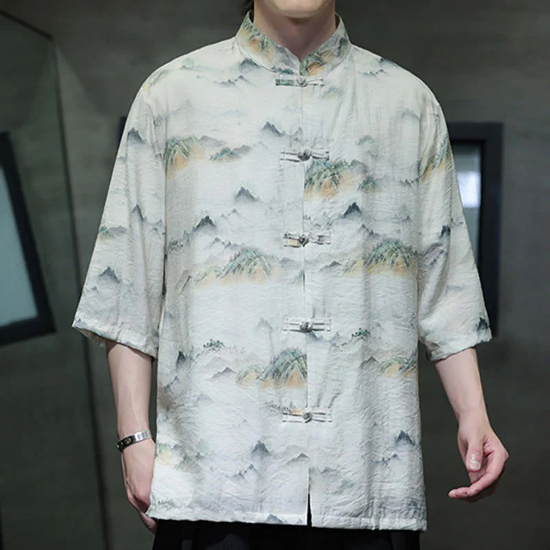 Buddha Stones Ink Painting Mountains Chinese Frog-Button Tang Suit Men's Half Sleeve Cotton Linen Shirt