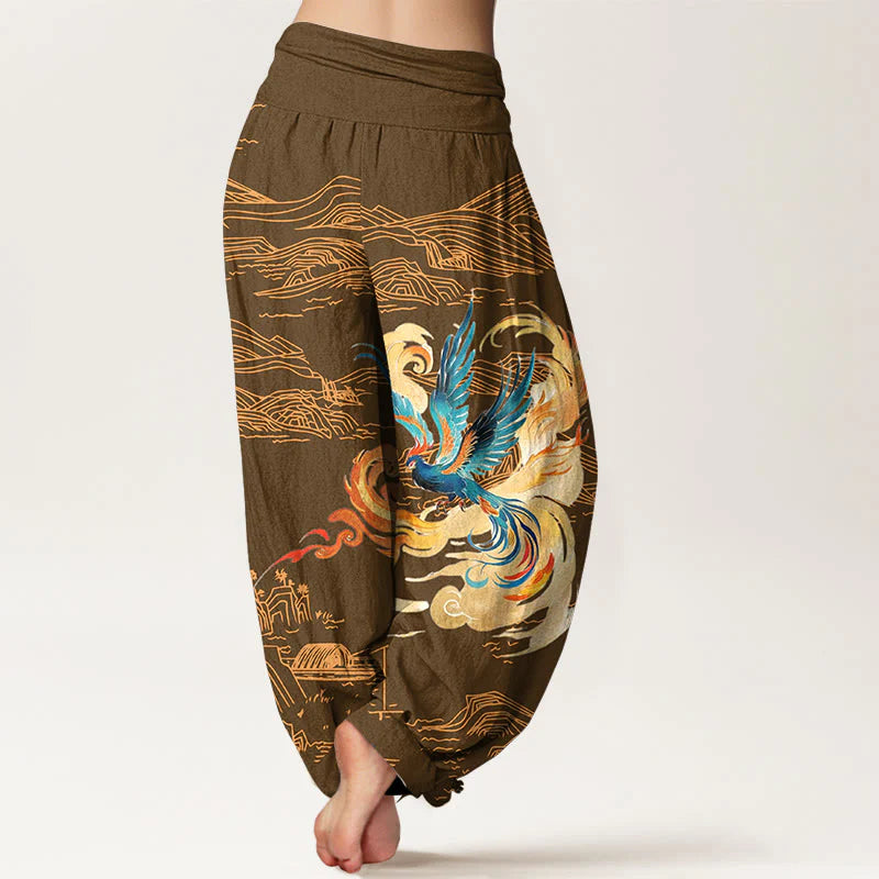 Buddha Stones Phoenix Mountains Landscape Pattern Women's Elastic Waist Harem Pure Cotton Pants