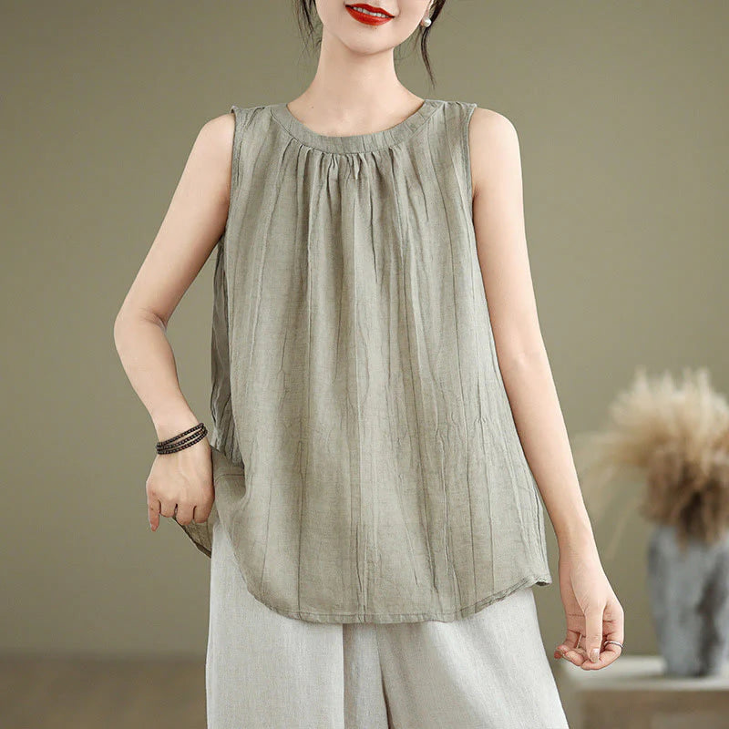Buddha Stones Summer Wrinkles Simple Design Crew Neck Cotton Linen Women's Sleeveless Vest Waistcoat