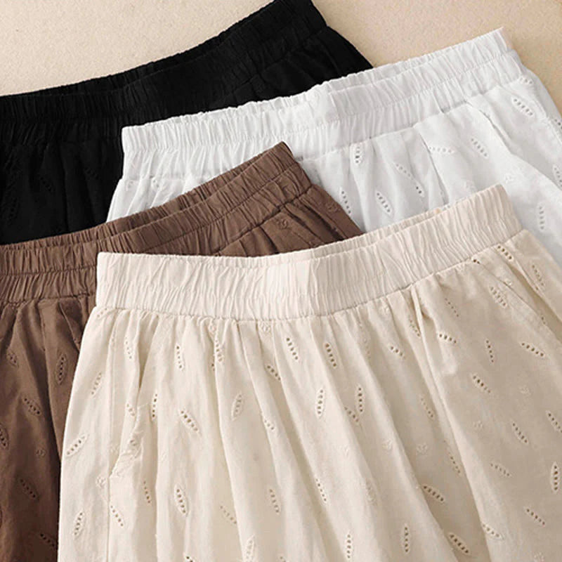 Buddha Stones Summer Vintage Embroidery Lace Hem Patchwork Design Women's Wide Leg Cotton Pants With Pockets