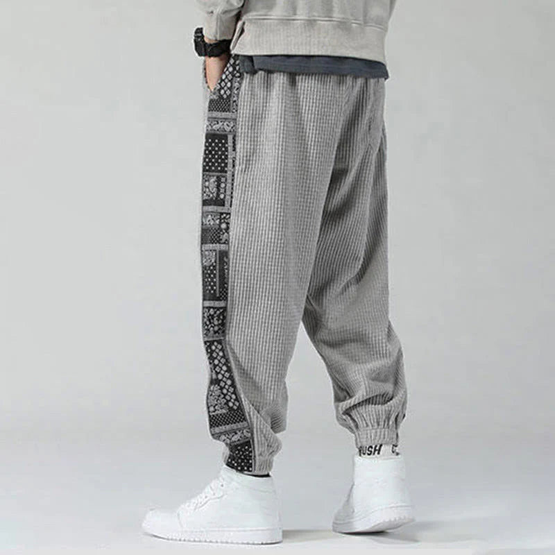 Buddha Stones Fall Solid Drawstring Side Paisley Pattern Straight Leg Ankle-length Corduroy Men's Pants With Pockets