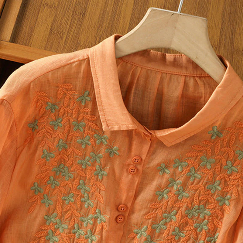 Buddha Stones Casual Plant Embroidery Stand Collar Women's Cotton Blend Three Quarter Sleeve Shirt