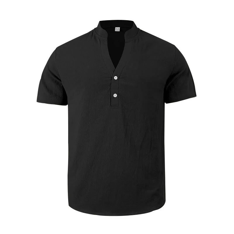 Buddha Stones Solid Summer Short Sleeve Half Buttons Linen Men's Shirt