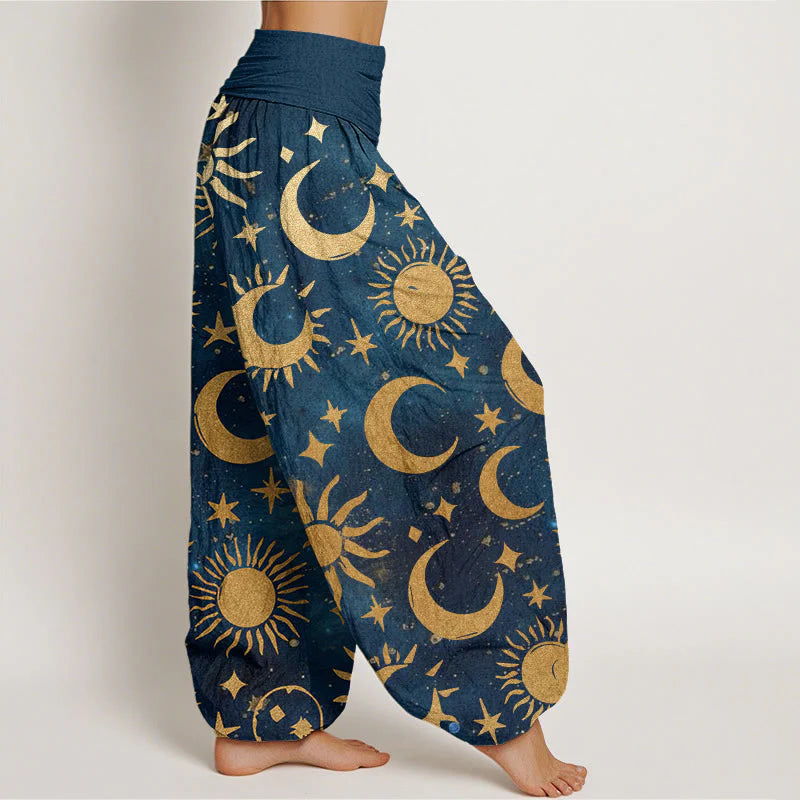 Buddha Stones Cotton Crescent Moon Sun Stars Pattern Design Women's Elastic Waist Harem Pants