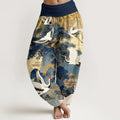 Buddha Stones Pure Cotton Gorgeous Crane Mountain Pine Tree Pattern Women's Elastic Waist Harem Pants