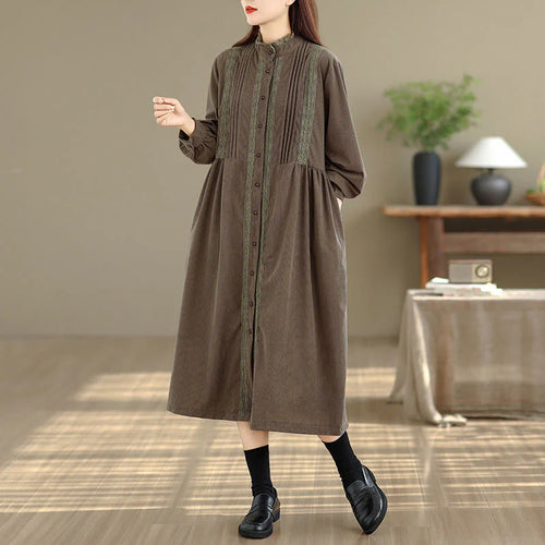 Buddha Stones Winter Pleated Buttons Down Long Sleeve Corduroy Women's Midi Dress With Pockets