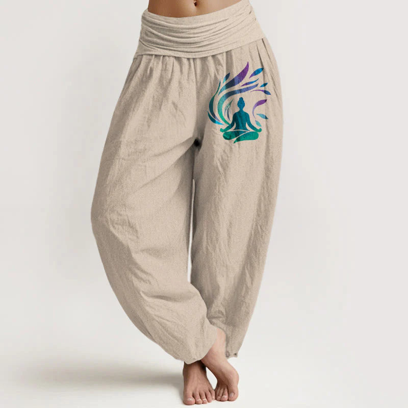 Buddha Stones Pure Cotton Simple Composition Human Figure Pattern Women's Elastic Waist Harem Pants