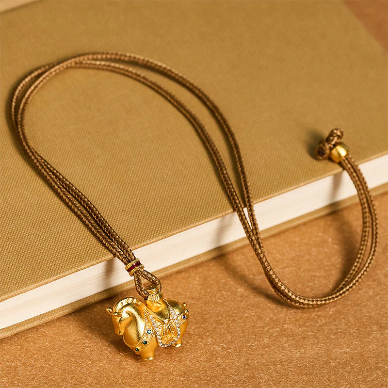 Buddha Stones Year Of The Horse 24k Gold Plated Brass Rope Cord Necklace Pendant