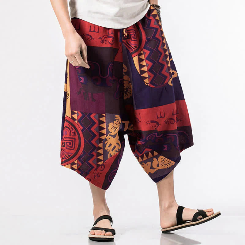 Buddha Stones Ethnic Printing Floral Geometric Pattern Men's Harem 7-8 Length Pants With Pockets