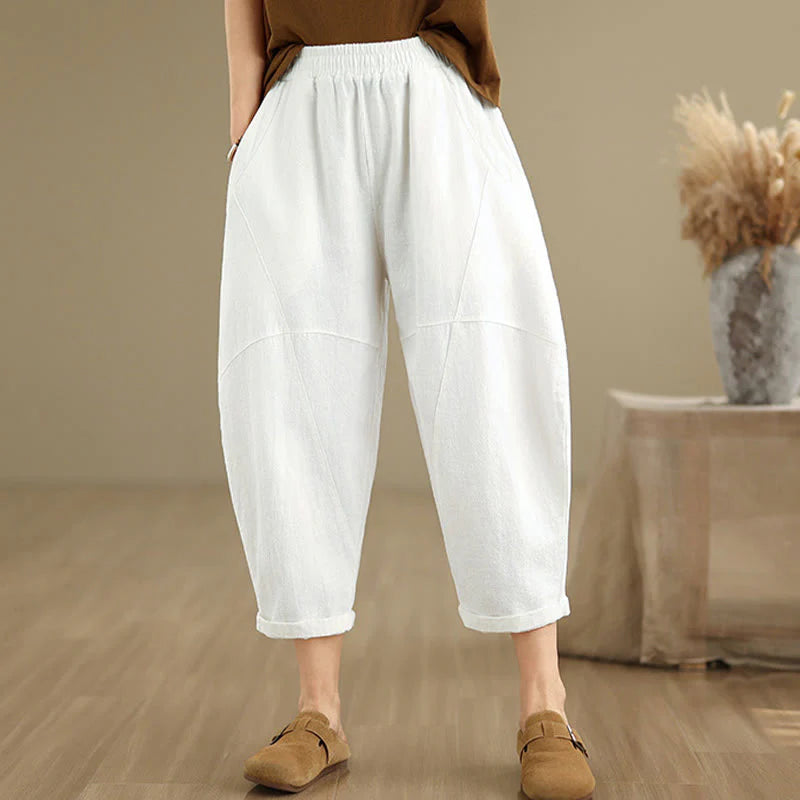 Buddha Stones Spring 7-8 Length Solid Color Women's Cotton Linen Harem Pants With Pockets