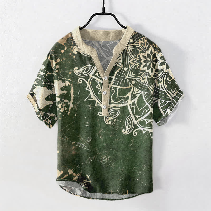 Buddha Stones Cotton Lotus Mandala Emblem Men's Short Sleeve Half Button Shirt