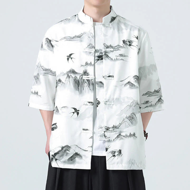 Buddha Stones Printing Chinese Ink Landscape Pattern Men's Frog-button Half Sleeve Shirts