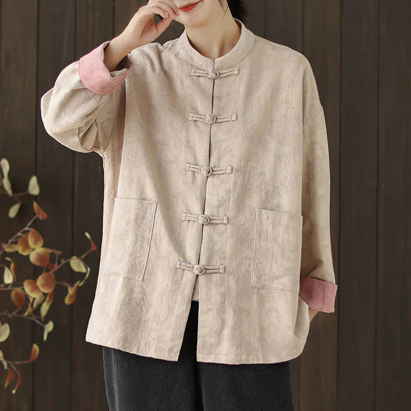 Buddha Stones Fall Floral Print Frog-Button Stand Collar Long Sleeve Women's Cotton Shirt