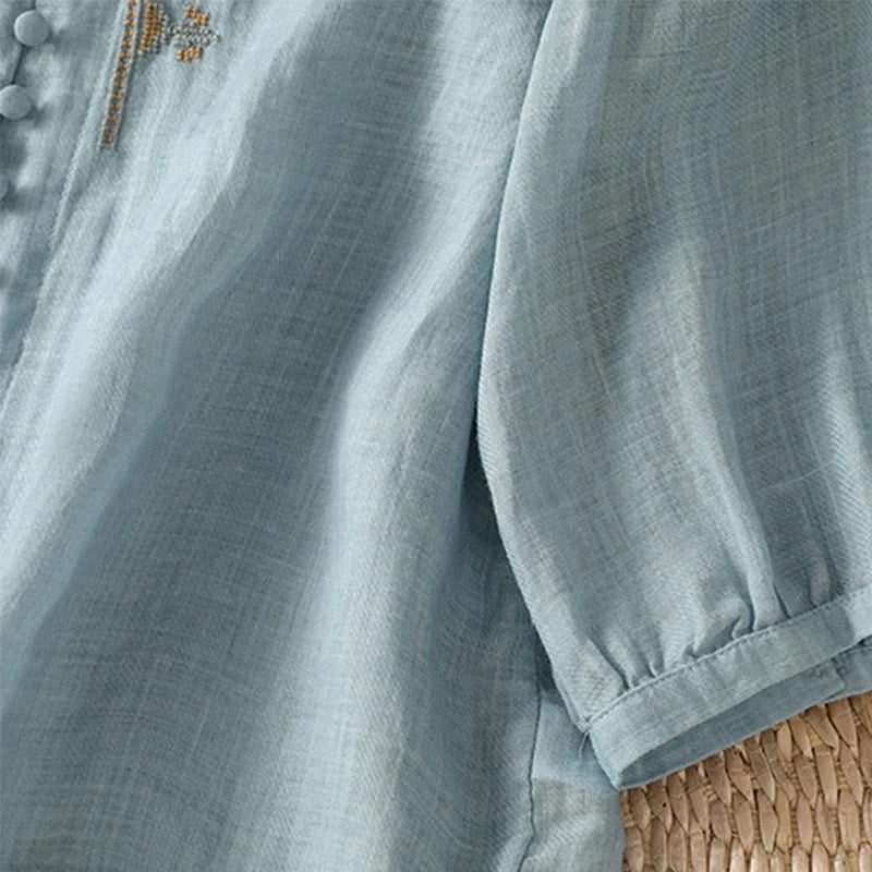 Buddha Stones Casual Embroidery Single Breasted Button Polyester Half Sleeve Women's V-neck Shirt