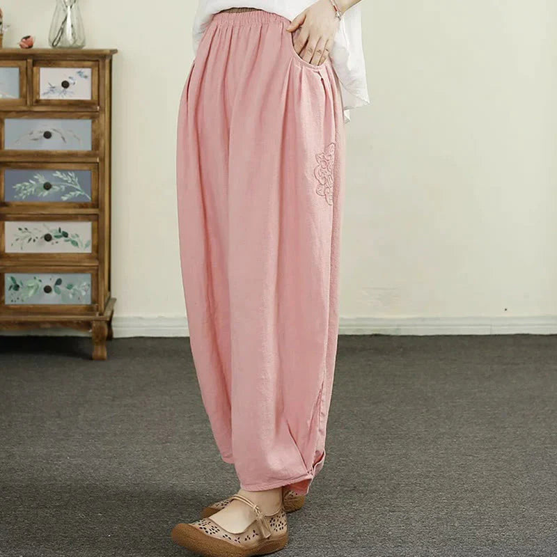 Buddha Stones Vintage Solid Color Embroidery Cotton Linen Women's 7-8 Length Harem Pants With Pockets