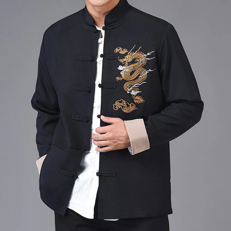 Buddha Stones Embroidery Dragon Frog-Button Desgin Long Sleeve Men's Jacket