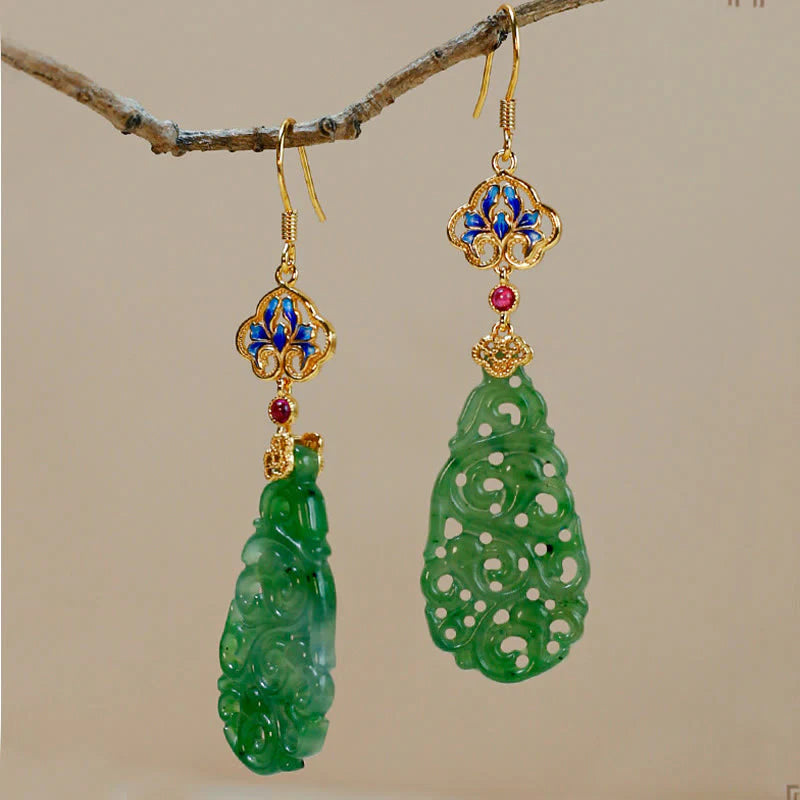 Buddha Stones Hollow Hetian Jade Enamel 925 Sterling Silver Prosperity Earrings
