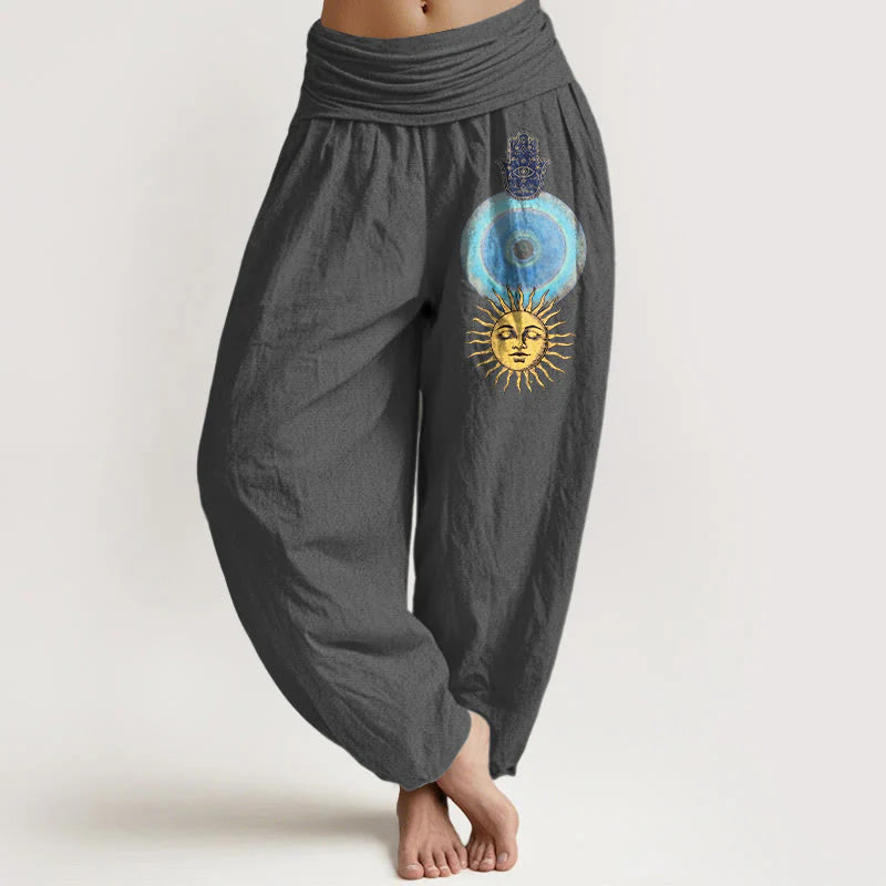 Buddha Stones Pure Cotton Minimalist Style Hamsa's Hand Sun Pattern Women's Elastic Waist Harem Pants