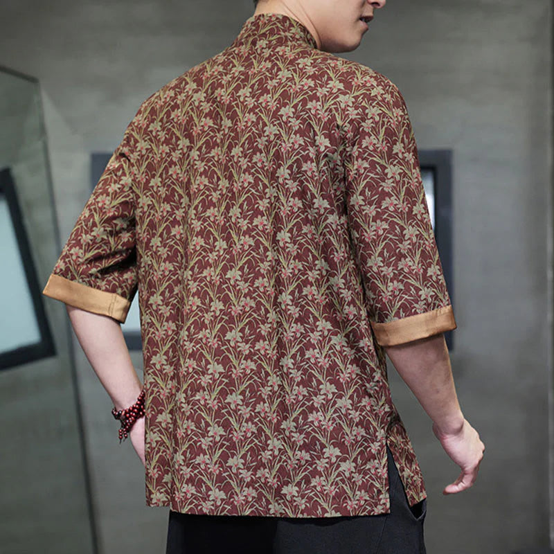 Buddha Stones Summer Colorful Floral Leaves Pattern Short Sleeve Frog-button Design Men's Cotton Shirt