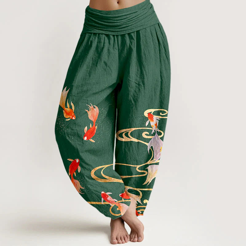 Buddha Stones Pure Cotton Koi Fish Koi Water Ripples Pattern Women's Elastic Waist Harem Pants
