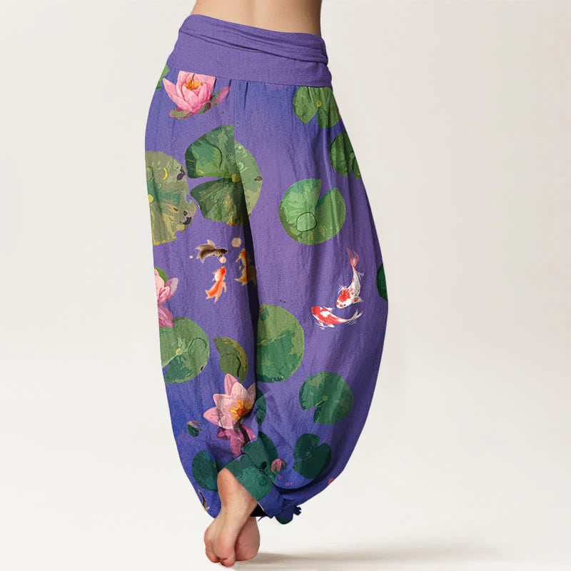 Buddha Stones Print Koi Fish Lotus Flowers Pattern Women's Elastic Waist Harem Pure Cotton Pants