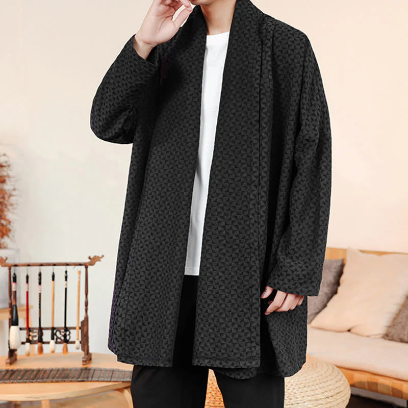 Buddha Stones Winter Jacquard Simple Design Men's Cotton Long Sleeve Kimono