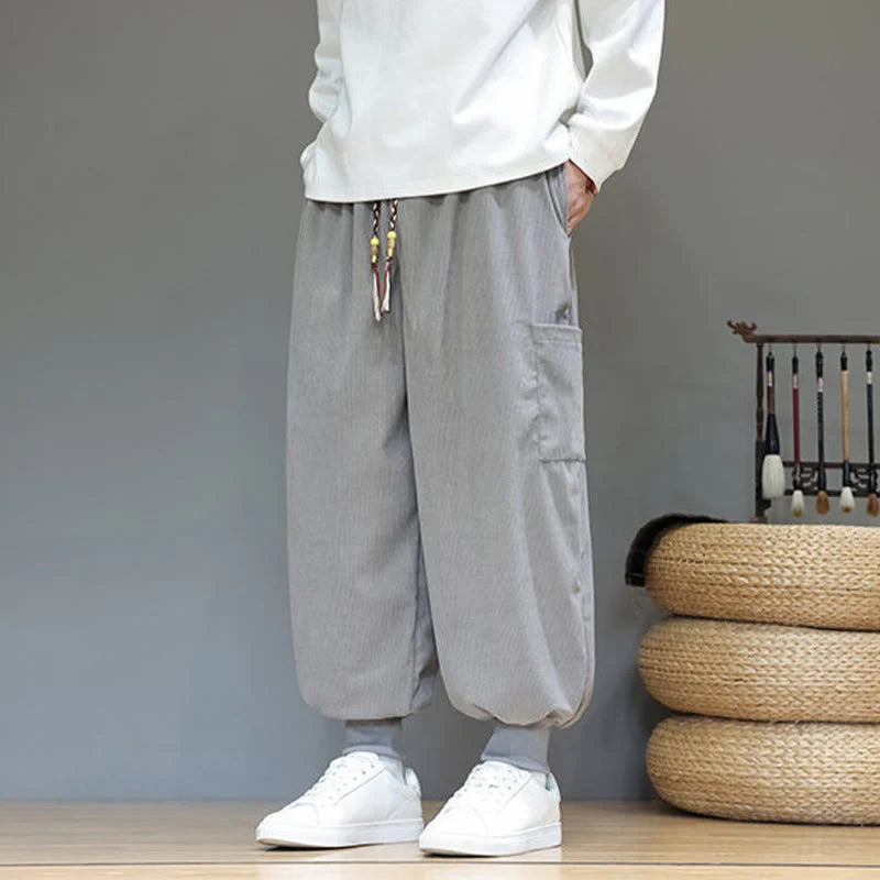 Buddha Stones Spring Solid Color Men's Ankle-Length Cotton Pants With Pockets
