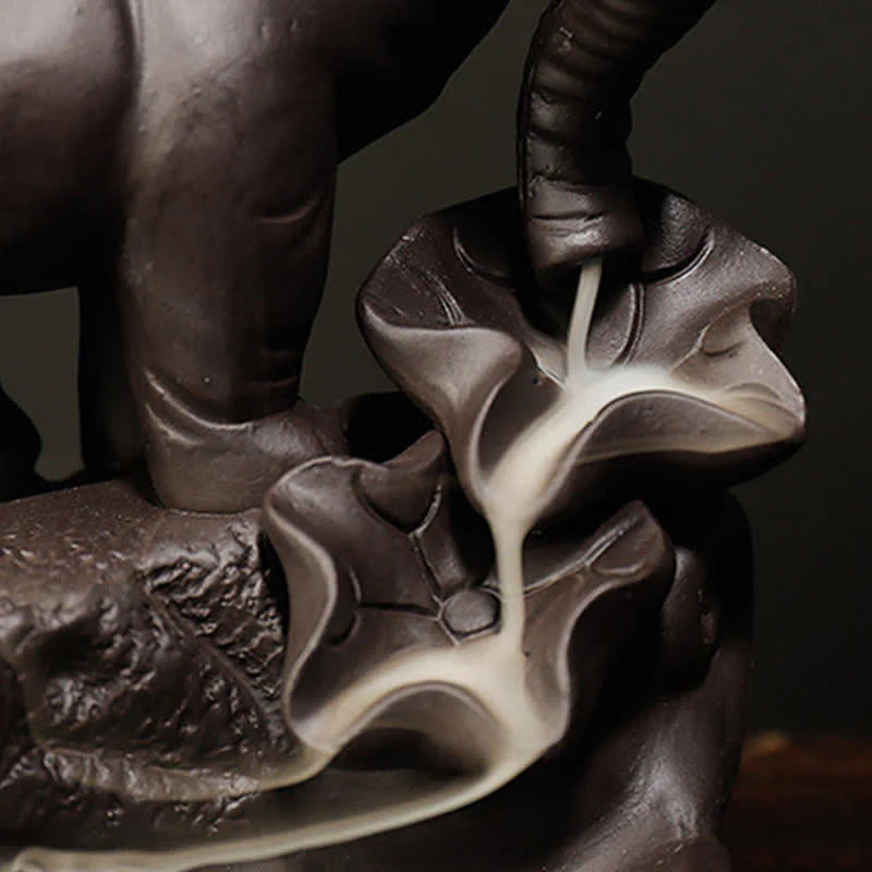 Buddha Stones Tibetan Elephant Purple Clay Backflow Smoke Fountain Peace Healing Incense Burner Decoration