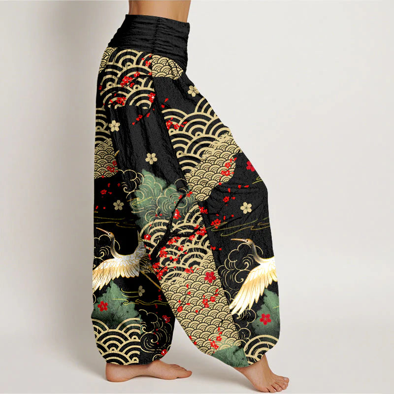 Buddha Stones Print Crane Auspicious Clouds Flowers Pattern Women's Elastic Waist Harem Cotton Pants