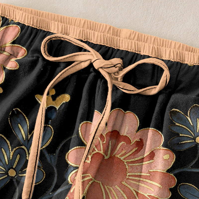Buddha Stones Pure Cotton Cat Butterfly Pink Blossom Pattern Women's Elastic Waist Pants With Pockets