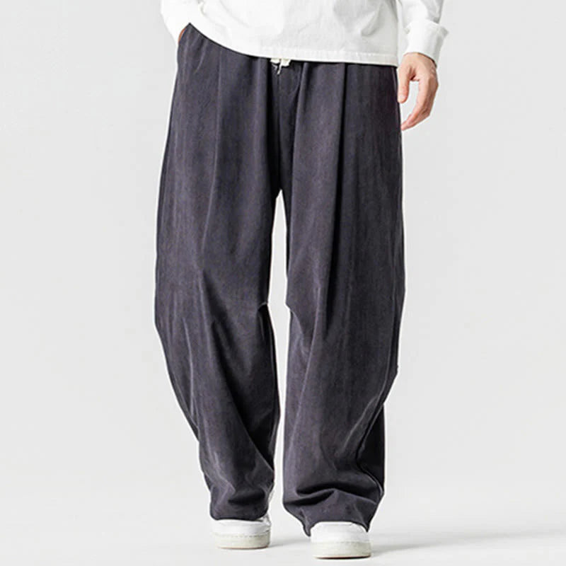 Buddha Stones Winter Drawstring Corduroy Cotton Men's Wide Leg Pants With Pockets