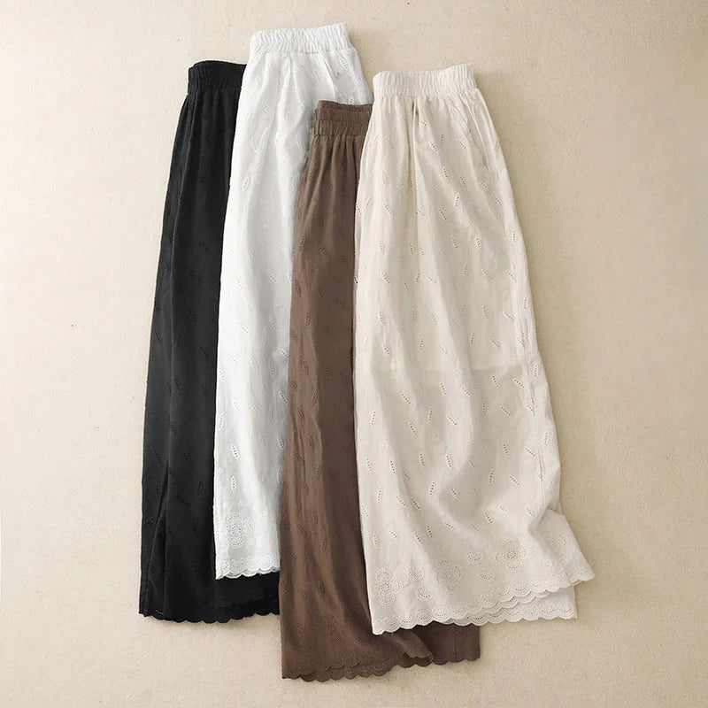 Buddha Stones Summer Vintage Embroidery Lace Hem Patchwork Design Women's Wide Leg Cotton Pants With Pockets