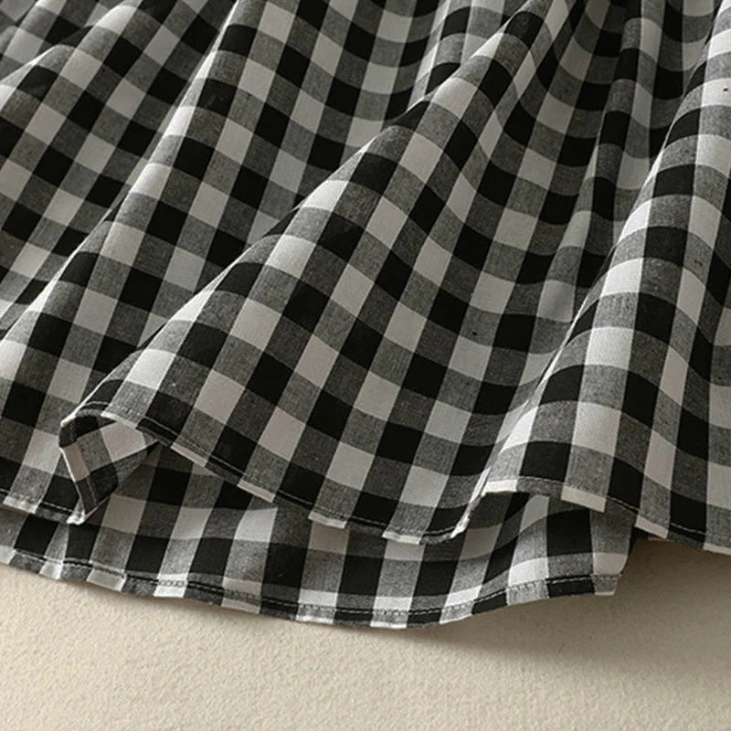 Buddha Stones Casual V-neck Short Sleeve Cotton Plaid Summer Midi Dress