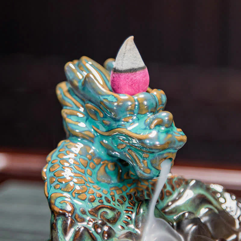 Dragon Pattern Ceramic Backflow Smoke Fountain Incense Burner Decoration (Extra 35% Off | USE CODE: FS35)