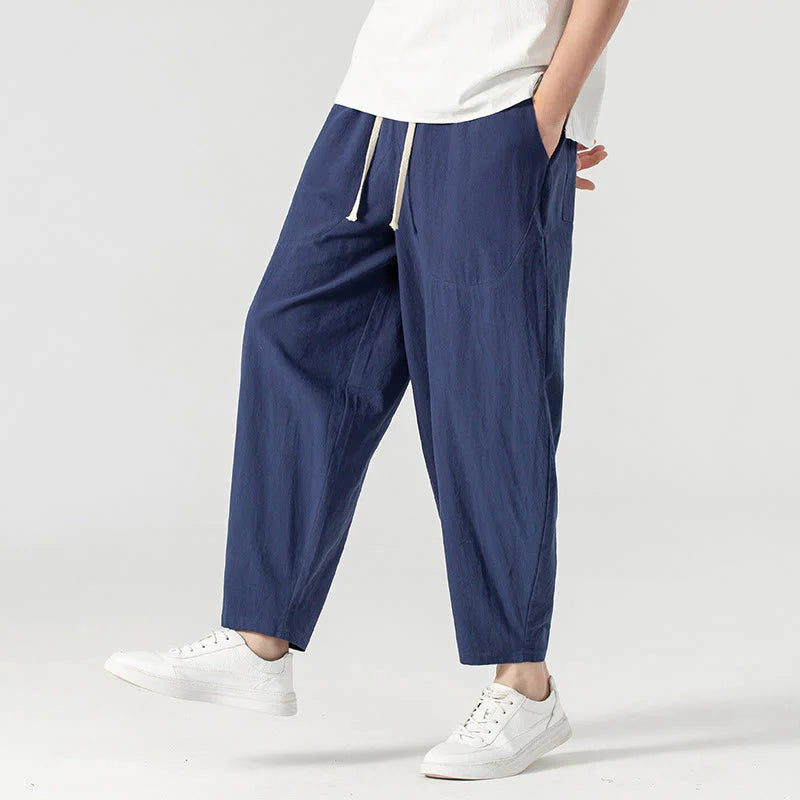 Buddha Stones Spring Fall Solid Color Drawstring Men's Ankle-Length Harem Pants With Pockets
