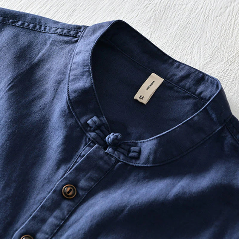 Buddha Stones Solid Color Half Button Design Stand Collar Men's Short Sleeve Cotton Linen Shirt